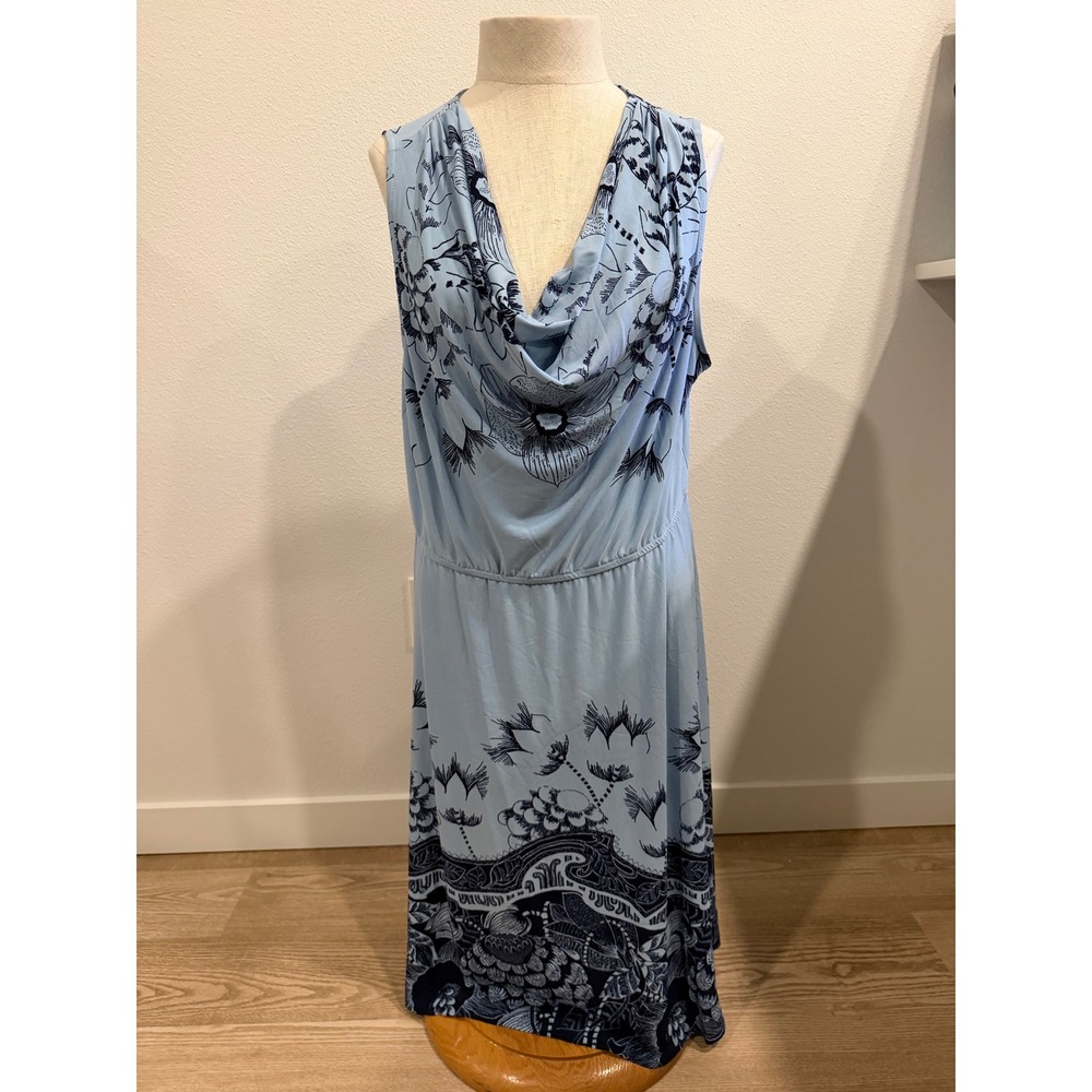 Leota Bella Placement Reva Blue Floral Cowl Neck Midi Dress 1L NEW